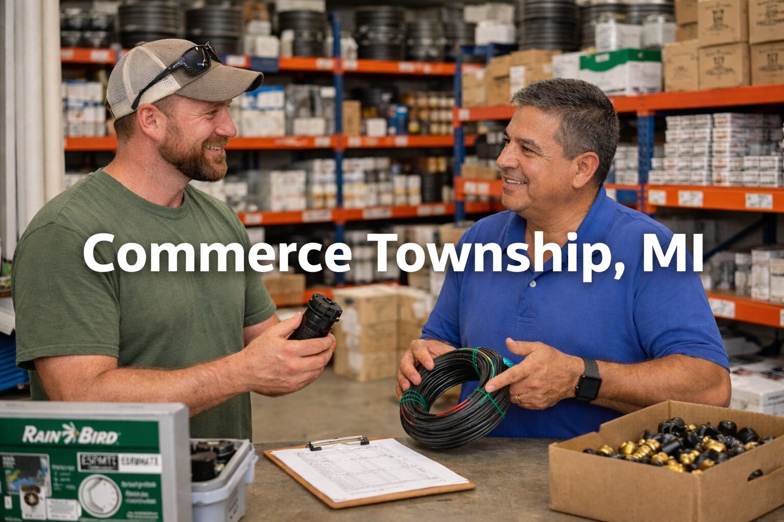 Irrigation contractor partnering with wholesale irrigation supplier in Commerce Township Michigan warehouse