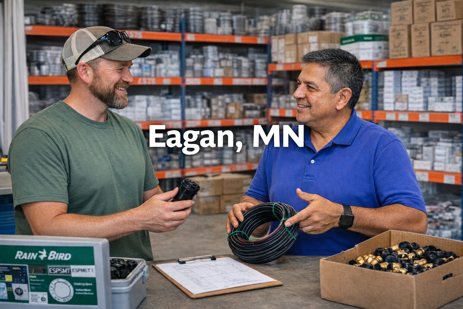 Irrigation contractor partnering with wholesale irrigation supplier in Eagan Minnesota warehouse