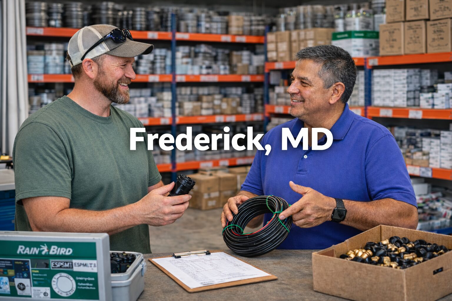 Irrigation contractor partnering with wholesale irrigation supplier in Frederick Maryland warehouse
