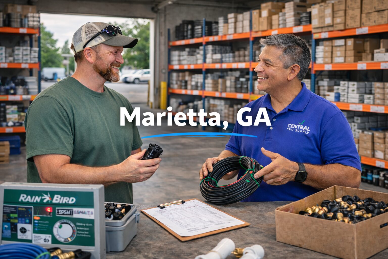 Irrigation contractor partnering with wholesale irrigation supplier in Marietta Georgia warehouse