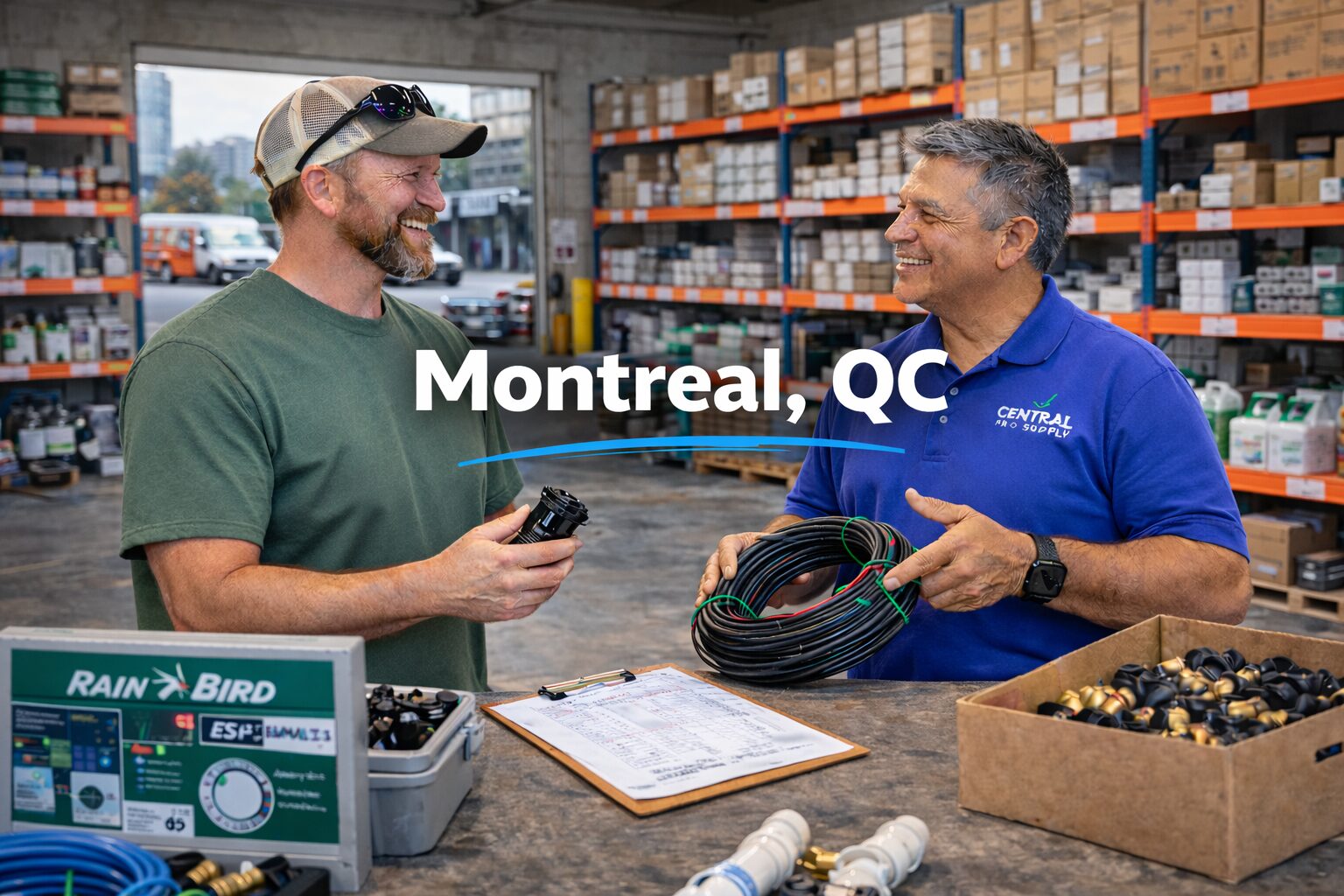Irrigation contractor partnering with wholesale irrigation supplier in Montreal Quebec warehouse