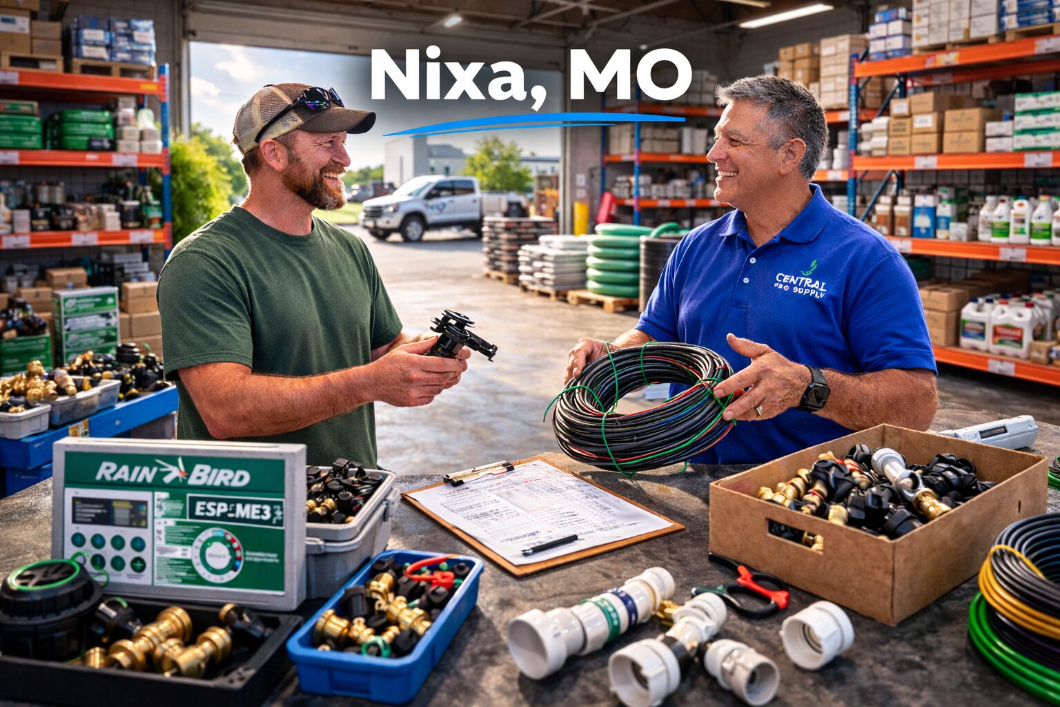 Irrigation contractor partnering with wholesale irrigation supplier in Nixa Missouri warehouse