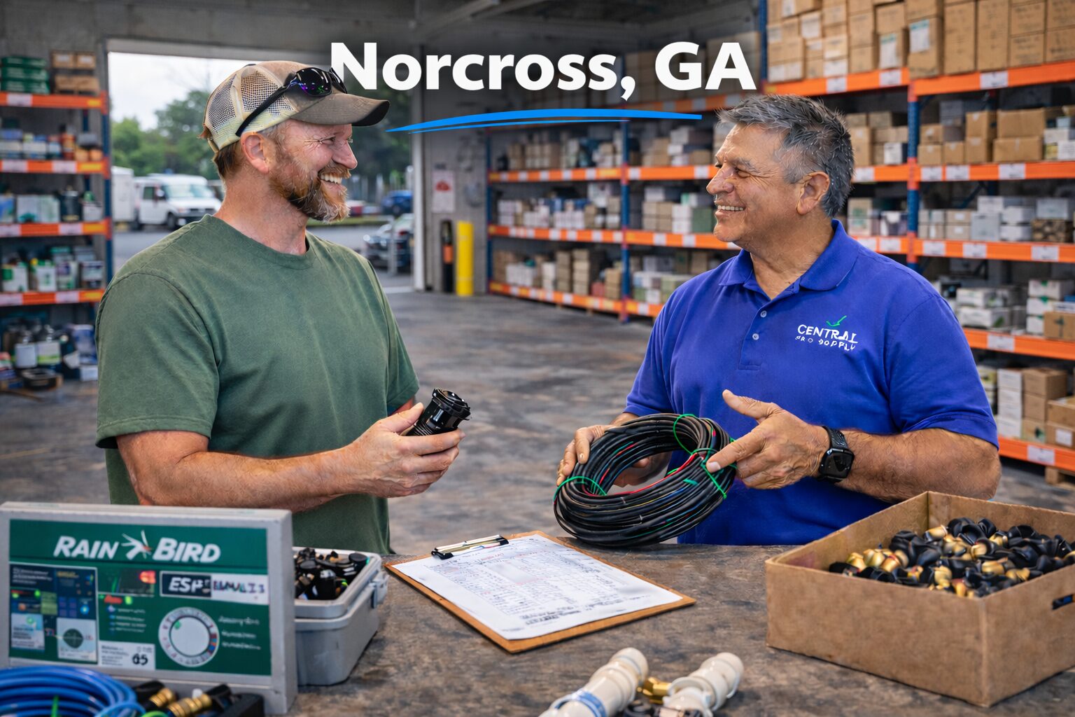 Irrigation contractor partnering with wholesale irrigation supplier in Norcross Georgia warehouse